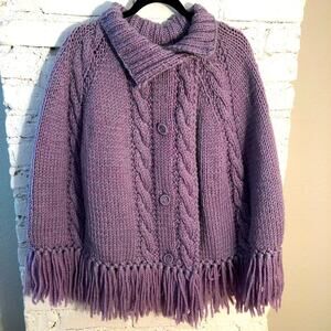 Vintage Hand Knitted Chunky Wool Fringe Poncho